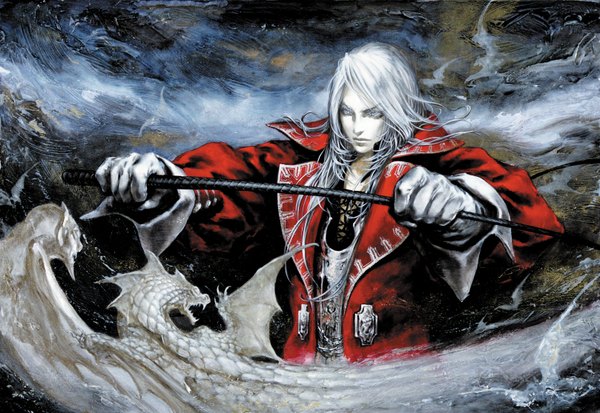 Anime-Bild 3235x2232 mit castlevania konami juste belmont kojima ayami single long hair highres absurdres white hair grey eyes pale skin boy gloves animal dragon whip