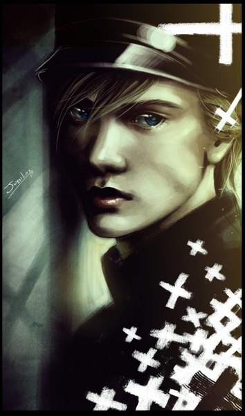 Anime picture 1827x3091 with axis powers hetalia studio deen norway (hetalia) rivan145th single tall image highres short hair blue eyes blonde hair signed lips realistic border boy peaked cap