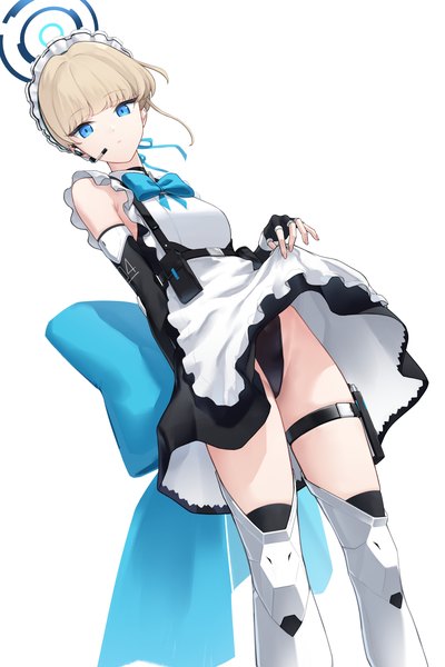 Anime picture 3000x4500 with blue archive toki (blue archive) onuj2$ single tall image looking at viewer fringe highres short hair blue eyes light erotic simple background blonde hair standing white background blunt bangs maid dutch angle skirt lift girl