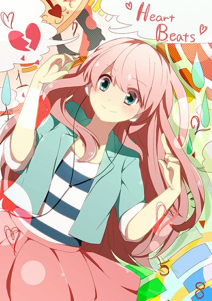 Anime picture 794x1123 with vocaloid heart beats (vocaloid) megurine luka harusawa single long hair tall image blush blue eyes smile pink hair from above inscription girl skirt heart headphones