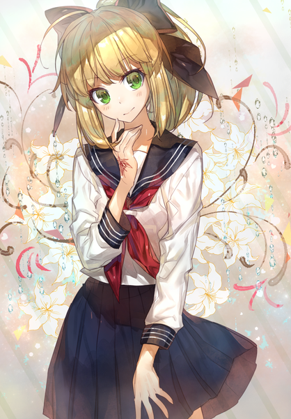 Anime picture 697x1000 with fate (series) fate/stay night fate/unlimited codes artoria pendragon (all) saber saber lily master artoria chocoan single long hair tall image looking at viewer blush fringe blonde hair smile standing green eyes ahoge ponytail