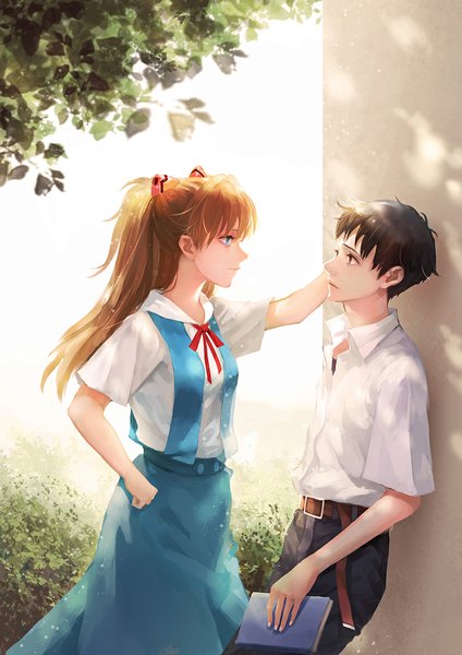 Anime picture 827x1169 with neon genesis evangelion gainax soryu asuka langley ikari shinji wallace (artist) long hair tall image short hair blue eyes black hair brown hair brown eyes couple girl boy uniform hair ornament school uniform shirt