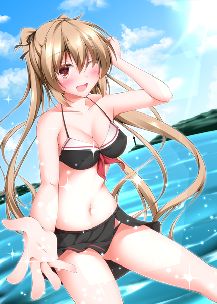 Anime picture 2590x3624 with kantai collection murasame destroyer narukami ginryuu single long hair tall image blush highres breasts open mouth light erotic red eyes brown hair twintails one eye closed wink ;d girl navel swimsuit