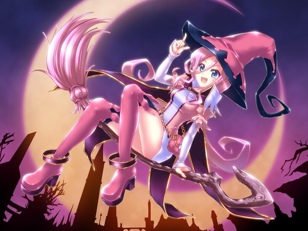 Anime picture 1600x1200 with glacies fz (artist) single long hair open mouth blue eyes smile pink hair halloween flying witch crescent broom riding girl moon witch hat broom