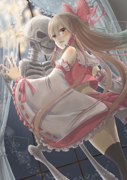 Anime picture 2508x3541 with touhou hakurei reimu uruha (yw1109) single tall image blush highres open mouth red eyes brown hair bare shoulders very long hair from behind skeleton dancing girl thighhighs skirt bow black thighhighs