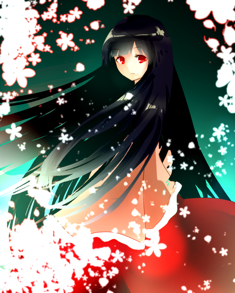 Anime picture 800x1000 with touhou houraisan kaguya sakipsakip single tall image looking at viewer fringe black hair red eyes standing blunt bangs very long hair traditional clothes japanese clothes wide sleeves floral background hime cut girl flower (flowers) kimono
