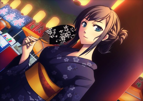 Anime picture 2480x1753 with original yumemizuki single looking at viewer highres short hair blue eyes brown hair traditional clothes japanese clothes folded ponytail festival girl obi fan yukata paper fan