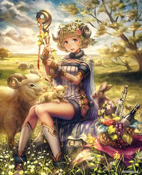Anime picture 800x990 with shinma x keishou! ragnabreak original anbe yoshirou tall image looking at viewer blush short hair open mouth blonde hair sitting tail animal tail horn (horns) grey eyes girl dress gloves flower (flowers) plant (plants) animal