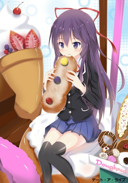 Anime picture 901x1280 with date a live yatogami tooka seedkeng single long hair tall image blush purple eyes purple hair eating girl thighhighs skirt uniform ribbon (ribbons) black thighhighs hair ribbon school uniform food sweets