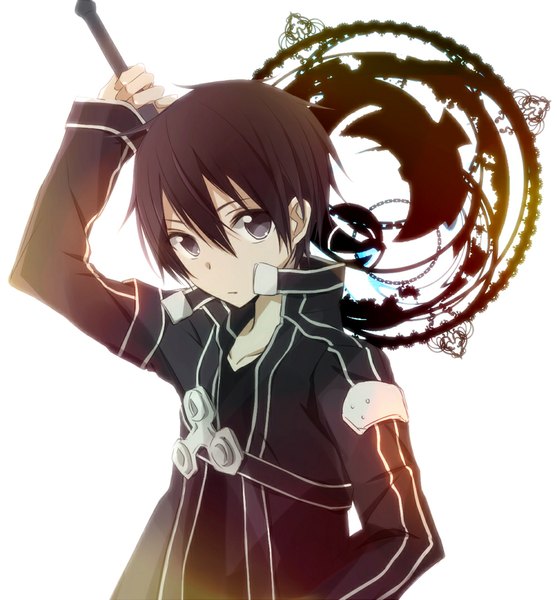 Anime picture 1000x1078 with sword art online a-1 pictures kirigaya kazuto tsukimori usako single tall image looking at viewer short hair black hair simple background white background black eyes fighting stance boy weapon sword