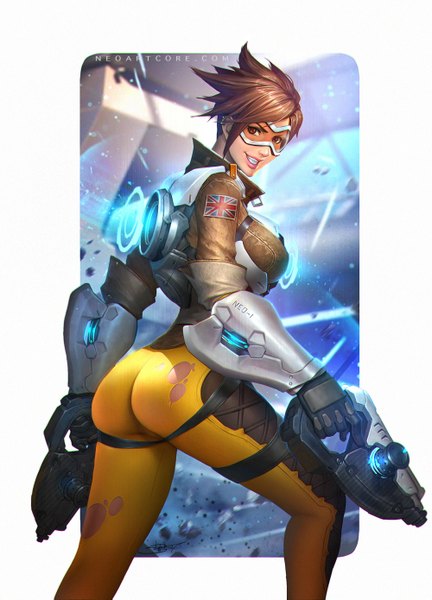 Anime picture 1000x1389 with overwatch blizzard entertainment tracer (overwatch) nudtawut thongmai single tall image short hair breasts light erotic smile brown hair ass lips realistic orange eyes girl weapon gun bodysuit goggles