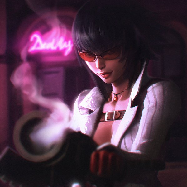 Anime picture 900x900 with devil may cry devil may cry 4 lady (devil may cry) ilya kuvshinov single looking at viewer fringe short hair black hair cleavage outdoors light smile lips black eyes blurry realistic night lipstick smoke red lipstick