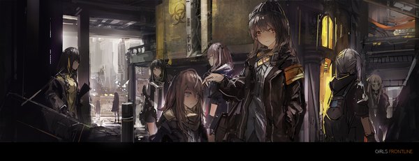 Anime picture 2000x772 with original renatus z long hair fringe highres blue eyes black hair hair between eyes red eyes brown hair wide image twintails multiple girls green eyes yellow eyes looking away profile blurry inscription open jacket