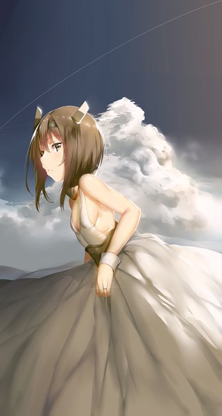 Anime picture 3200x6000 with kantai collection taihou armored aircraft carrier hews single tall image highres short hair brown hair brown eyes looking away absurdres sky cloud (clouds) girl dress hair ornament