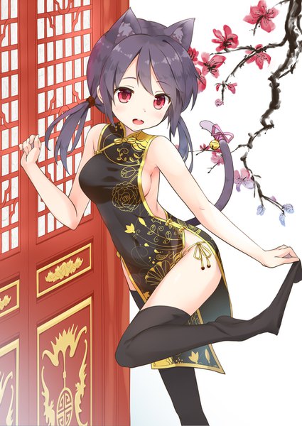 Anime picture 1024x1446 with original kutata (artist) single long hair tall image looking at viewer fringe breasts open mouth light erotic red eyes standing white background twintails bare shoulders animal ears purple hair tail traditional clothes animal tail