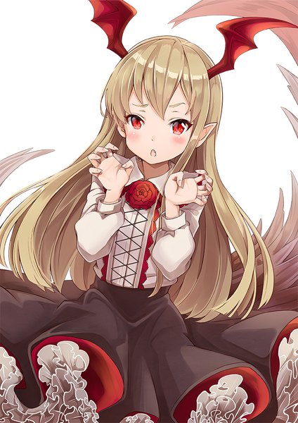 Anime picture 707x1000 with granblue fantasy vampy pilokey single long hair tall image blush fringe open mouth simple background blonde hair hair between eyes red eyes white background looking away fingernails pointy ears head wings cute girl