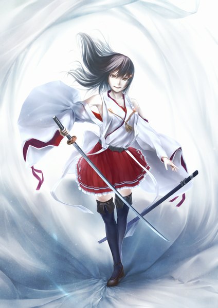 Anime picture 1202x1700 with kantai collection haruna battleship oki (koi0koi) single long hair tall image looking at viewer black hair brown eyes traditional clothes nontraditional miko girl weapon detached sleeves sword katana thigh boots