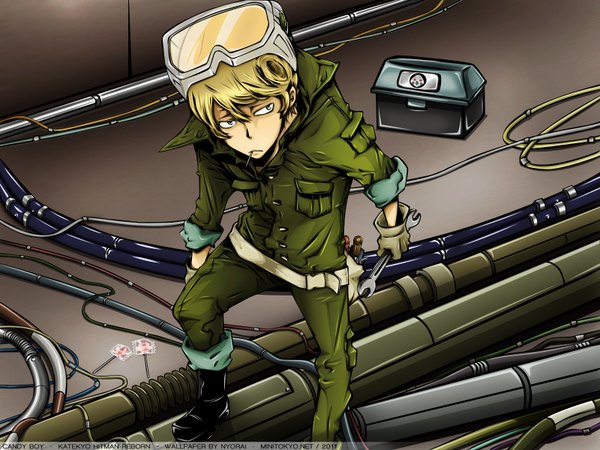 Anime picture 1600x1200 with katekyou hitman reborn spanner single short hair blonde hair mouth hold boy gloves uniform goggles wire (wires) lollipop wrench