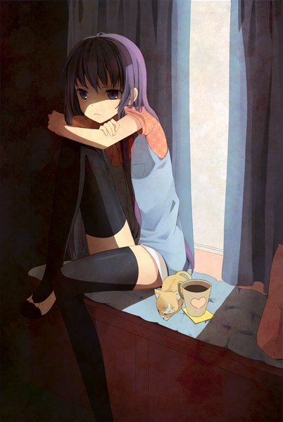 Anime picture 804x1200 with hitsukuya single long hair tall image fringe sitting purple eyes animal ears looking away purple hair shadow zettai ryouiki legs girl thighhighs black thighhighs animal cat cap tea