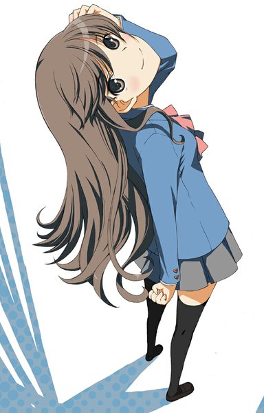 Anime picture 640x1000 with original hirokiku single long hair tall image blush simple background smile brown hair white background brown eyes from above shadow looking up girl thighhighs uniform black thighhighs school uniform
