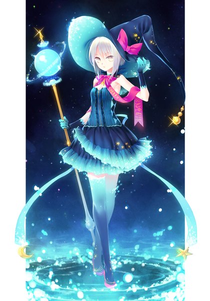 Anime picture 1100x1570 with original mada (mk333) tall image looking at viewer fringe short hair hair between eyes standing holding yellow eyes silver hair parted lips night sparkle armpit (armpits) high heels night sky sleeveless crossed legs magic