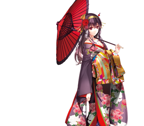 Anime picture 1030x900 with saenai heroine no sodatekata a-1 pictures kasumigaoka utaha misaki kurehito single long hair looking at viewer red eyes purple hair traditional clothes japanese clothes hair flower transparent background seigaiha girl flower (flowers) hairband kimono umbrella oriental umbrella