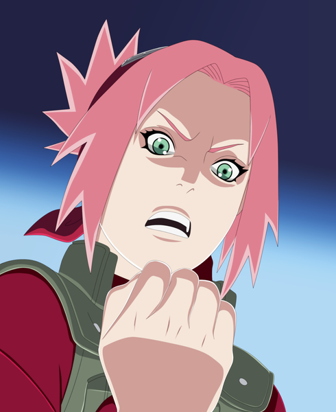 Anime picture 2000x2448 with naruto studio pierrot naruto (series) haruno sakura gold-mk single tall image highres short hair open mouth green eyes pink hair coloring portrait blue background angry girl bandana fist
