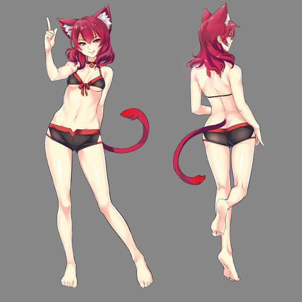 Anime picture 1600x1600 with original robot cat long hair looking at viewer blush fringe highres breasts light erotic smile red eyes standing bare shoulders animal ears pink hair full body ass tail animal tail barefoot