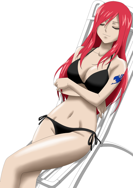 Anime picture 1024x1447 with fairy tail erza scarlet f4bl3-2 single long hair tall image breasts light erotic red hair eyes closed light smile tattoo coloring transparent background girl navel swimsuit bikini black bikini