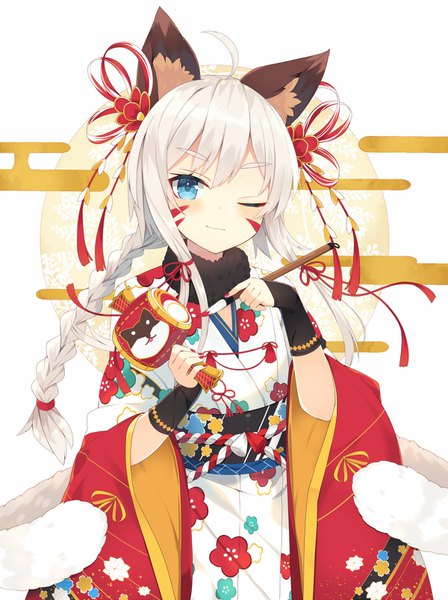 Anime picture 1200x1606 with original nibiiro shizuka single long hair tall image blush blue eyes ahoge white hair braid (braids) nail polish traditional clothes japanese clothes one eye closed light smile wink wide sleeves facial mark side braid new year