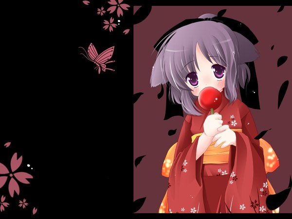 Anime picture 1600x1200 with natsume eri single looking at viewer blush short hair purple eyes animal ears purple hair japanese clothes cat girl loli wallpaper soft beauty girl bow hair bow food insect butterfly fruit