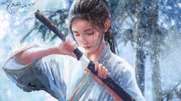 Anime picture 2872x1615 with original xi chen chen single long hair highres black hair wide image signed outdoors ponytail eyes closed traditional clothes japanese clothes realistic mole mole under eye dated snowing winter snow