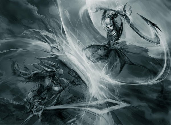 Anime picture 1024x754 with league of legends leona (league of legends) diana (league of legends) muju long hair breasts multiple girls holding monochrome fighting stance battle sketch girl weapon 2 girls sword armor shield