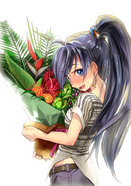 Anime picture 1447x2047 with idolmaster ganaha hibiki andou shuuki long hair tall image blush blue eyes black hair ponytail girl flower (flowers) plant (plants) bouquet