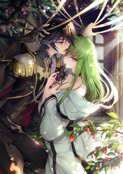 Anime picture 700x992 with code geass sunrise (studio) c.c. lelouch lamperouge creayus long hair tall image looking at viewer fringe short hair open mouth black hair standing purple eyes bare shoulders holding yellow eyes green hair sunlight couple