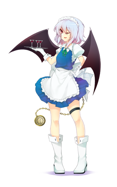 Anime picture 700x1118 with touhou izayoi sakuya fuya (tempupupu) single tall image short hair simple background smile red eyes white background silver hair one eye closed wink maid hand on hip bat wings girl gloves wings boots