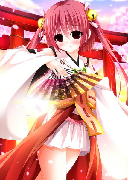 Anime picture 800x1120 with inari konkon koi iroha production ims yunagi amane single long hair tall image looking at viewer blush red eyes twintails pink hair girl hair ornament detached sleeves petals bell jingle bell fan torii