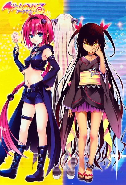 Anime picture 886x1300 with toloveru toloveru darkness xebec konjiki no yami kurosaki mea master nemesis ulquiorra90 tall image blush blue eyes black hair blonde hair smile multiple girls yellow eyes red hair braid (braids) very long hair horn (horns) girl