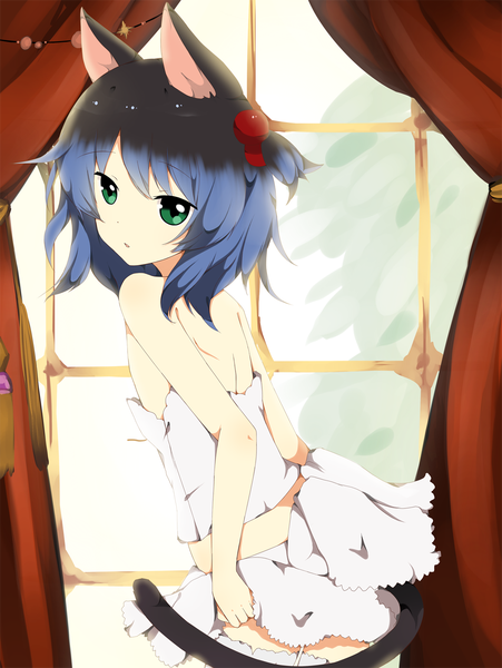 Anime picture 1200x1594 with utau ryone yami saru to yami single tall image short hair green eyes animal ears blue hair multicolored hair cat ears cat girl cat tail girl dress