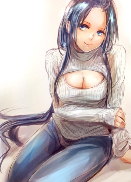 Anime picture 576x800 with magi the labyrinth of magic a-1 pictures ren hakuei mak (kainemaru) single long hair tall image looking at viewer breasts blue eyes light erotic simple background smile large breasts sitting blue hair cleavage head tilt mole cleavage cutout