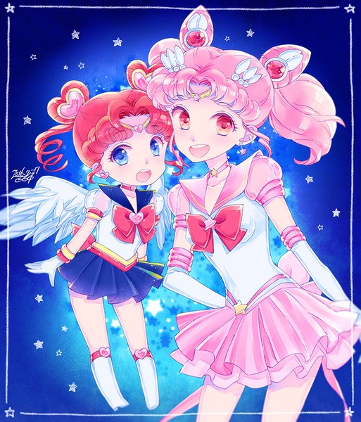 Anime picture 760x888 with bishoujo senshi sailor moon toei animation chibiusa sailor chibi moon chibi chibi sailor chibi chibi super sailor chibi moon (stars) saki (hxaxcxk) tall image short hair open mouth blue eyes red eyes twintails multiple girls signed pink hair red hair :d pleated skirt