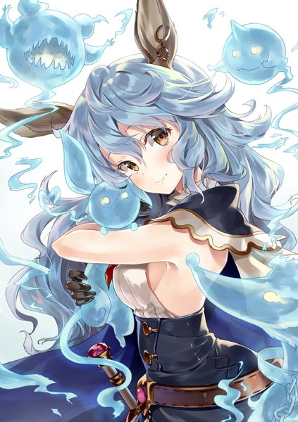 Anime picture 762x1082 with granblue fantasy ferri (granblue fantasy) kakao rantan single long hair tall image looking at viewer blush fringe breasts light erotic simple background smile hair between eyes white background bare shoulders brown eyes animal ears blue hair upper body