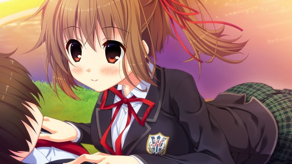 Anime picture 1280x720 with love sweets ichinose yui blush short hair red eyes brown hair wide image game cg light smile couple girl boy uniform ribbon (ribbons) hair ribbon school uniform