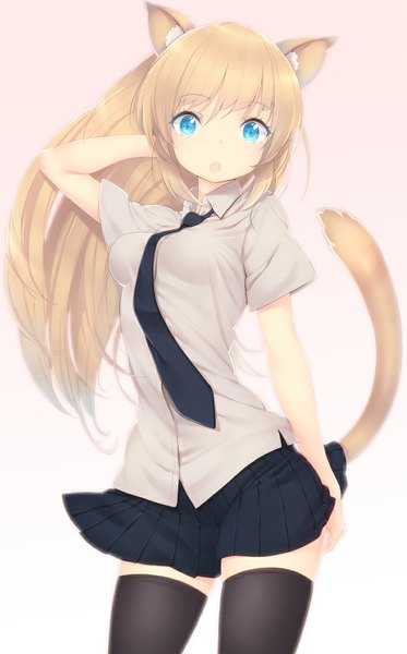 Anime picture 716x1150 with original zizi (zz22) single long hair tall image looking at viewer blush open mouth blue eyes blonde hair animal ears tail animal tail cat ears :o cat tail zettai ryouiki girl thighhighs skirt