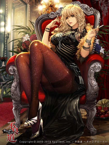 Anime picture 1600x2133 with furyou michi ~gang road~ xaxak single long hair tall image looking at viewer fringe breasts open mouth light erotic blonde hair large breasts sitting cleavage fingernails lips black eyes teeth leg lift (legs lift) smoking