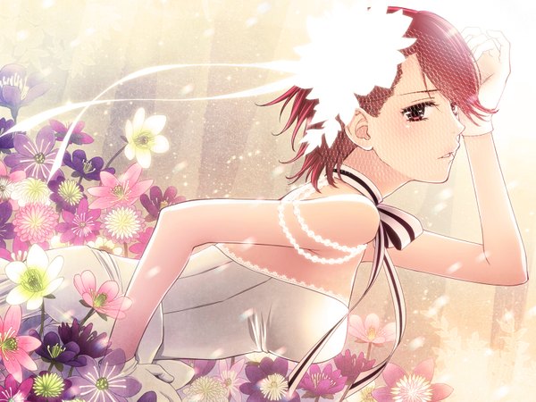 Anime picture 1600x1200 with vocaloid meiko koyama rikako looking at viewer blush short hair open mouth red eyes bare shoulders red hair girl dress gloves hair ornament flower (flowers) ribbon (ribbons) bow choker white dress jewelry