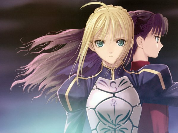 Anime picture 1600x1200 with fate (series) fate/stay night studio deen type-moon artoria pendragon (all) saber toosaka rin tony taka black hair blonde hair green eyes girl armor