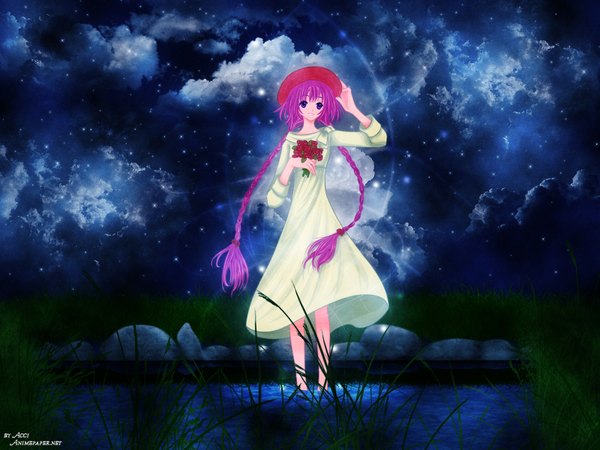 Anime picture 1600x1200 with kobato hanato kobato single long hair smile standing purple eyes signed pink hair cloud (clouds) braid (braids) night night sky twin braids partially submerged third-party edit girl dress flower (flowers) hat