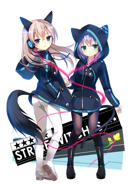 Anime picture 848x1200 with strike witches sanya v. litvyak eila ilmatar juutilainen koi (koisan) long hair tall image blush short hair blue eyes light erotic blonde hair multiple girls green eyes animal ears silver hair tail animal tail light smile cat tail fox ears