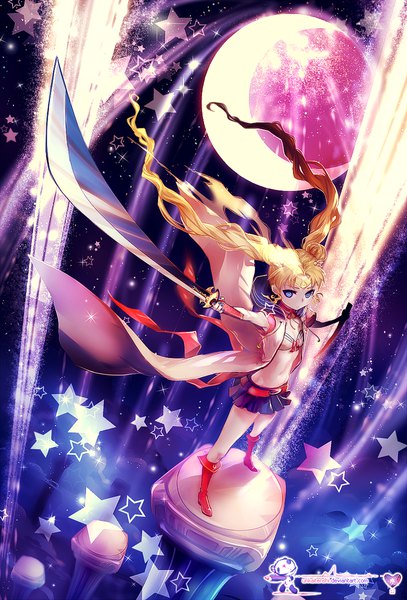 Anime picture 814x1200 with bishoujo senshi sailor moon black rock shooter toei animation tsukino usagi sailor moon unkai tenshi single long hair tall image blue eyes blonde hair standing twintails from above wind night open jacket bare belly night sky cosplay